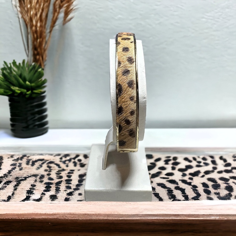 J. Crew Tan Goldtone Animal Cheetah Print Calf Hair Hinged Bangle